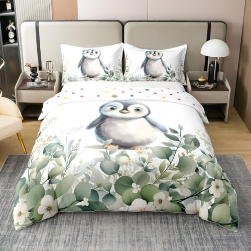 Homewish Pingouin Mignon 220x240 Housse de Couette,Animal de Dessin Animé pour Enfants Coton Parure de Lit,Kawaii Antarctic Animal Literie Set,Eucalyptus de...