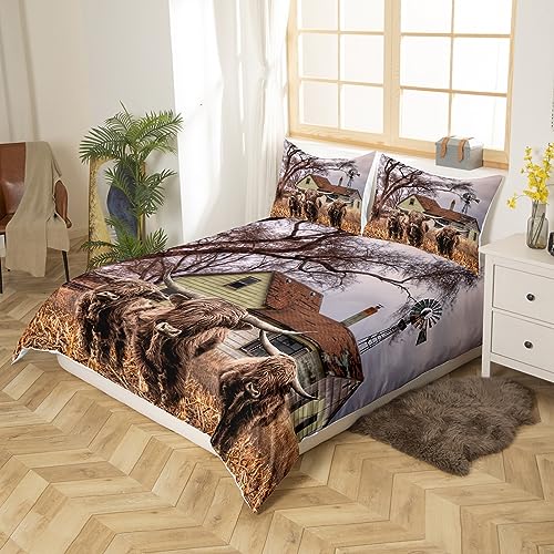 Homewish Highland Cow Comforter Cover Rustic Farm Animal Bedding Set for Girls Boys Windmill Cabin Lodge Decor Duvet Cover,Farmhouse Rural Western Life Bedspread Cover with 1 Pillowcase Single - Image 3