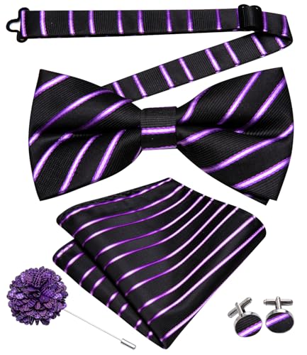 Image of Hi-Tie Bow Ties for Men Pre-Tied Pocket Square with Cufflinks Mens Bowtie Sets for Wedding Formal Party