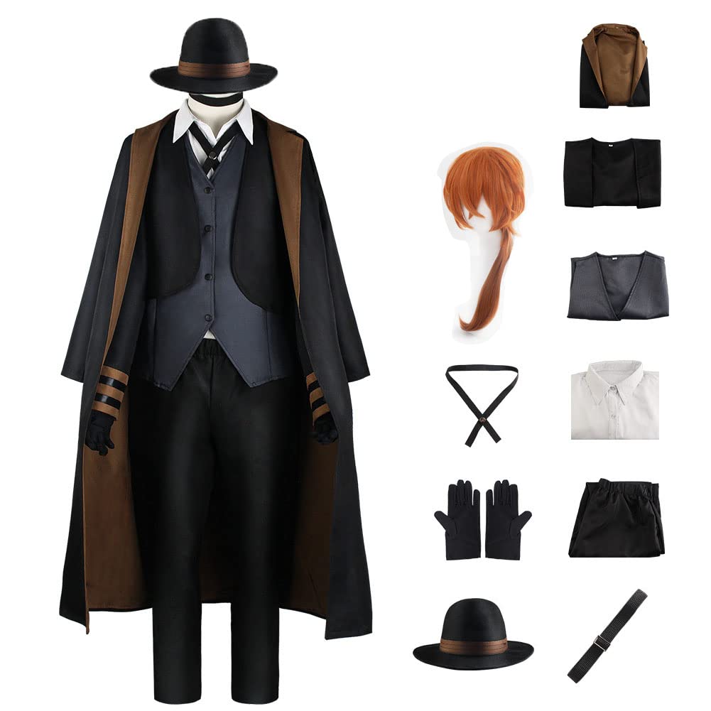 BSD Dazai Osamu Cosplay Costume Nakahara Chuuya/Yosano Akiko Cosplay Outfit, Anime Nakajima Atsushi Detective Uniform Pant or Shirt Skirt Full Set with Wig Halloween Dress Up Suit for Women Men