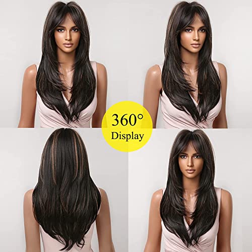 Image of Women's Full Head Wig - Shoulder Straight Length Highlight Black Layered Synthetic Hair Extension for Women and Girls Medium