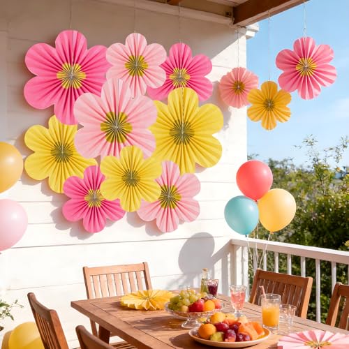 Image of SUNBEAUTY Paper Flowers Decorations for Wall Gold Flower Party Decorations Hanging Fans Floral Backdrop Decor Mothers Day Birthday Wedding Baby Shower Decoration Wall Set of 9