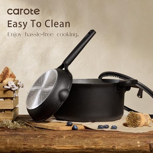 Image of CAROTE 28PCS Pots and Pans Set, Nonstick Cookware Set Kitchen Non Stick Induction Titanium Cookware Non-toxic Granite Cooking set, PFOA Free, Black