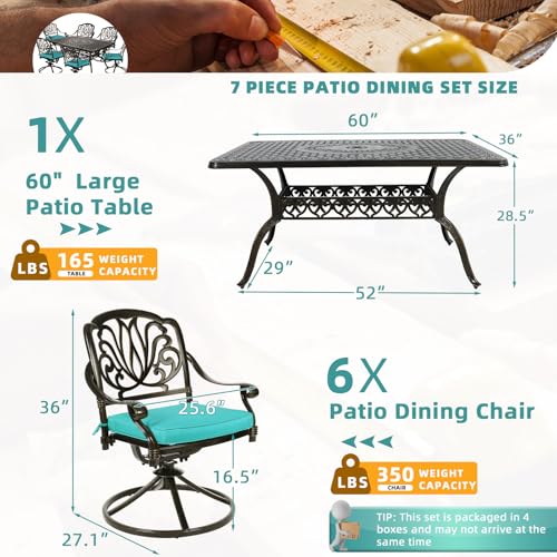 Image of MEETWARM 7-Piece Outdoor Patio Dining Set, All-Weather Cast Aluminum Patio Conversation Set for Backyard Garden Deck with 6 Cushioned Swivel Rocker Chairs, 1 Rectangular Table, Ocean Blue
