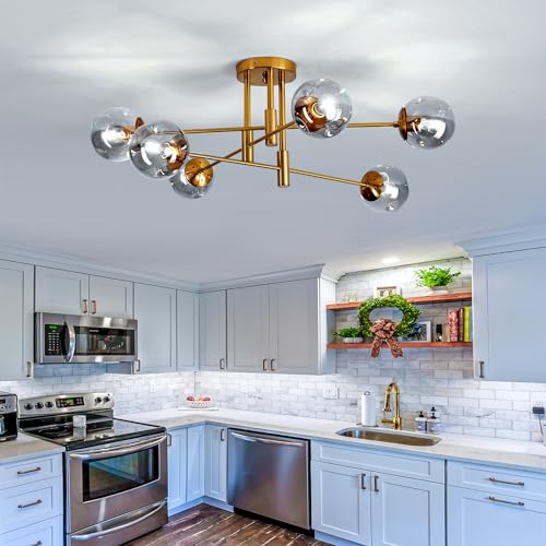 Image of 6-Lights Glass Globe Chandelier Modern Flush Mount Ceiling Light Fixture Gold Farmhouse Lighting for Dining Room Living Room Bedroom Kitchen Passageway.