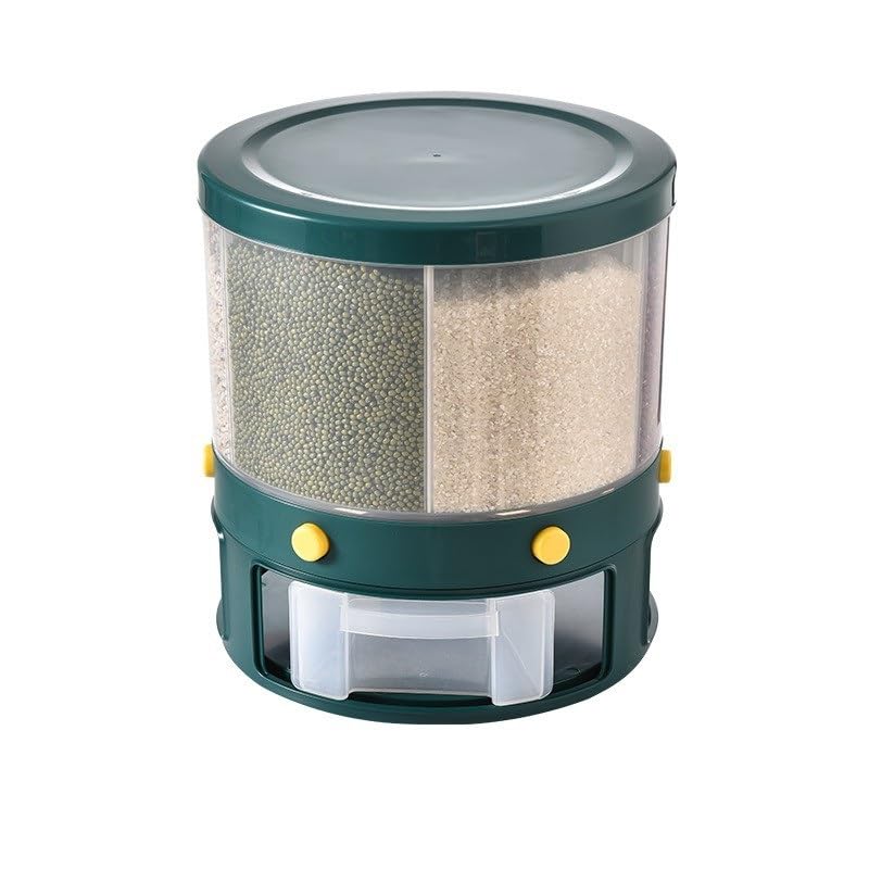 Dispensador de alimentos redondo de 6 rejillas, cubo de arroz con capacidad de 10 kg, dispensador de alimentos secos, dispensador de alimentos giratorio de 360°, contenedor for almacenar arroz, harina