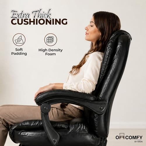 Image of HAVAI Comfexa Executive Office Chair | Premium Recliner Chair with Footrest | Ergonomic High Back Cushion | PVC Leather Finish | Reclining & Folding Mechanism | Class 2 Gas Lift | Nylon Base | Black