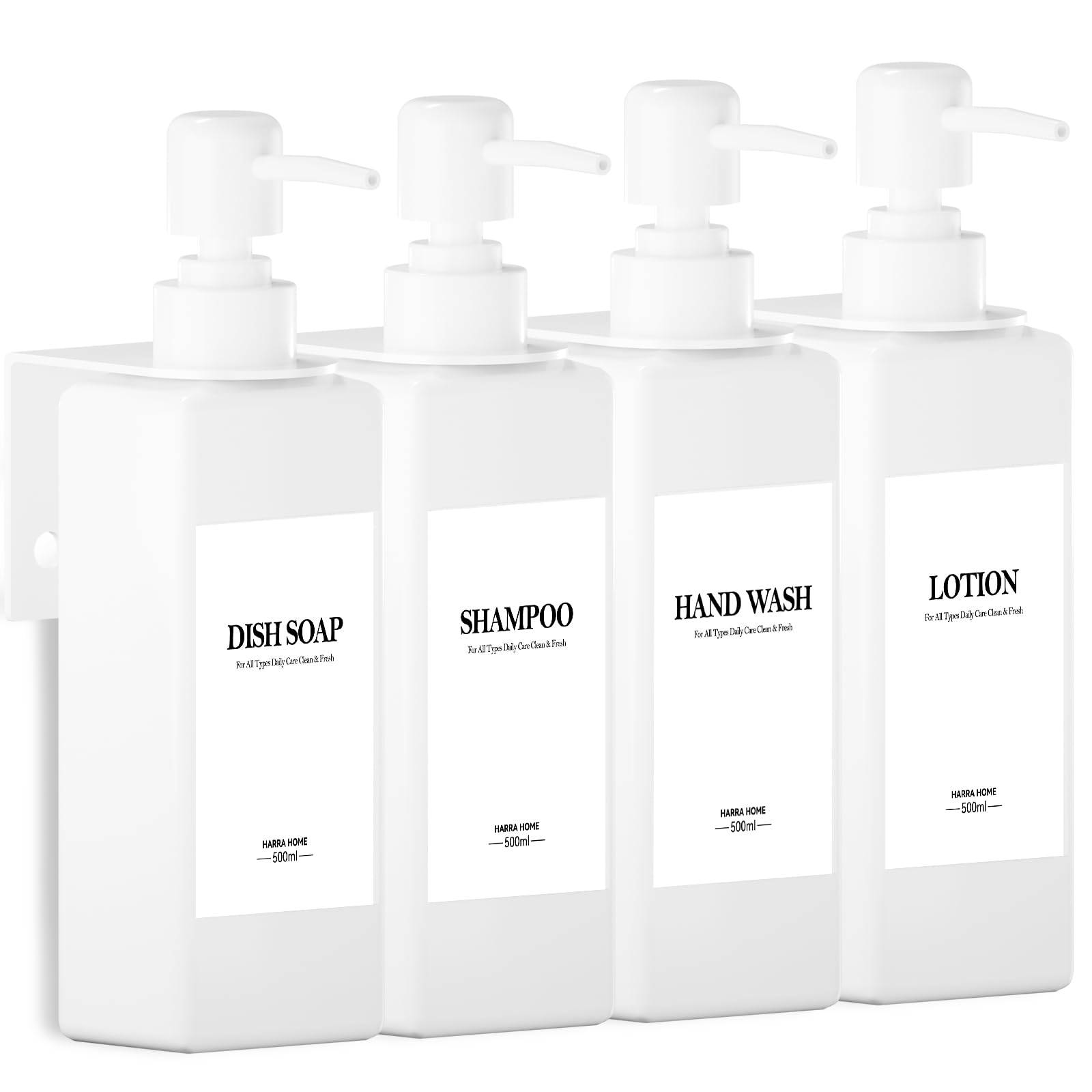 Set of 4 Wall Mounted Soap Dispensers, 500 ml, White Soap Dispenser, Bathroom, No Drilling, Plastic Shower Dispenser with Funnel and Waterproof Labels, Shampoo Dispenser for Kitchen, Bathroom