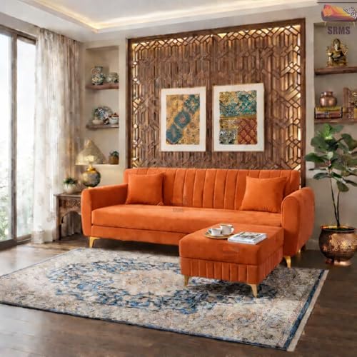 Image of SRMS Golden Legs 4 Seater L Shape Velvet Fabric Sofa Set with Four Cushions | Perfect for Home Office Guests Living Room | Sofa Set for living Room | 74 x 32 x 30 inches | Orange