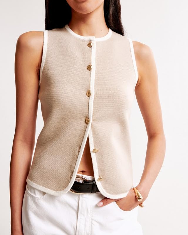 Bocymolay Vintage Knit Vest Top for Women Button Down Crewneck Sleeveless Tank Casual Cardigan Vest Streetwear2