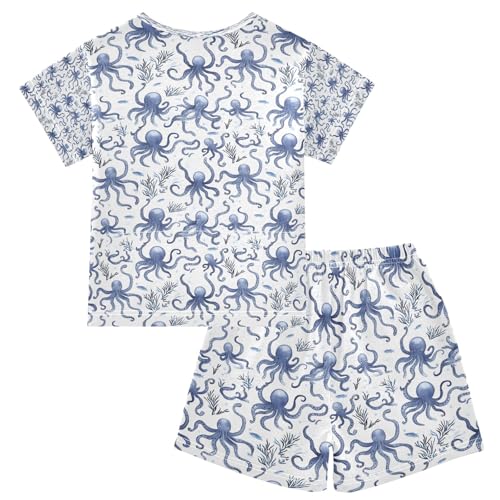 senya Blue Octopus Sea Grass Summer Pajamas Set Short Cotton Sleepwear 2 Piece2