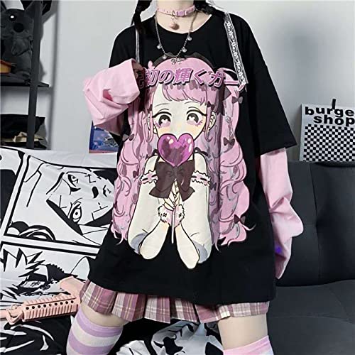 Harajuku Style Cartoon Print Loose Korean Version Fake Two-Piece Long-Sleeved Fashion Gothic Sweater2
