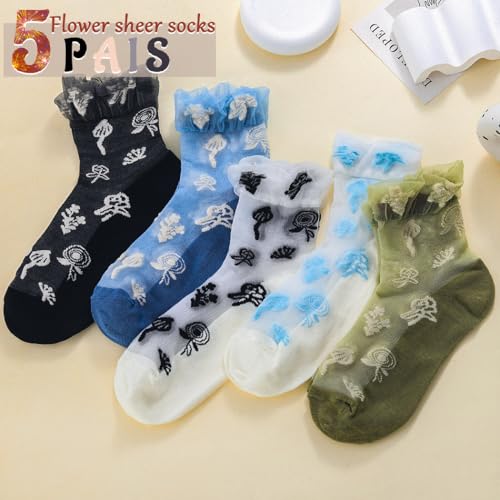 Image of Campsis Sheer Socks Flower Lace Sock Ruffle Sheer Ankle Socks Floral Nylon Sock for Women and Girls(5 Pairs)