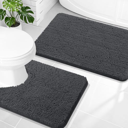 Image of OLANLY Bathroom Rugs Sets 2 Piece, Soft Absorbent Chenille Bath Mats and U-Shaped Contour Toilet Rug, Non-Slip, Machine Washable Bath Carpet, Home Decor Accessories(30 inchx20 inch+24 inchx20 inch, Dark Grey)
