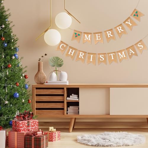 G2PLUS Merry Christmas Burlap Bunting Banner, 4.8M Banner with Holly Leaves, Vintage Merry Christmas Garland with 16 Flag Pennants, Rustic Hessian Bunting for Decoration - Image 5