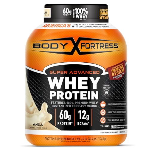 Body Fortress Super Advanced Whey Protein Powder, Vanilla, Immune Support (1), Vitamins C & D Plus Zinc, 3.9 lbs.