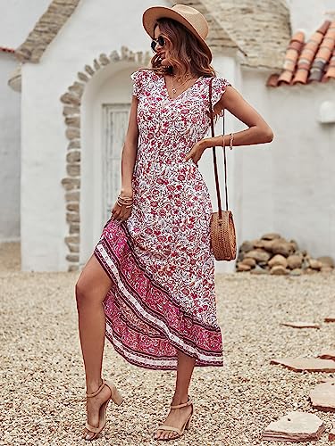 PRETTYGARDEN Sun Dresses Women Summer - Maxi Casual V Neck Floral High Low Flowy Beach Long Dress White - Image 3