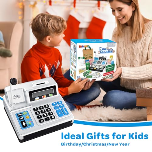 Calculator Cash Register Toy Gift for Kids Age 3, 4, 5, 6, 7, 8+ Year Old, 120 Pcs Grocery Store Playset with Toy Cash, Grocery Boxes， Microphone, Play Cash Register for Toddlers 4-8, Silvery - Thumbnail 7