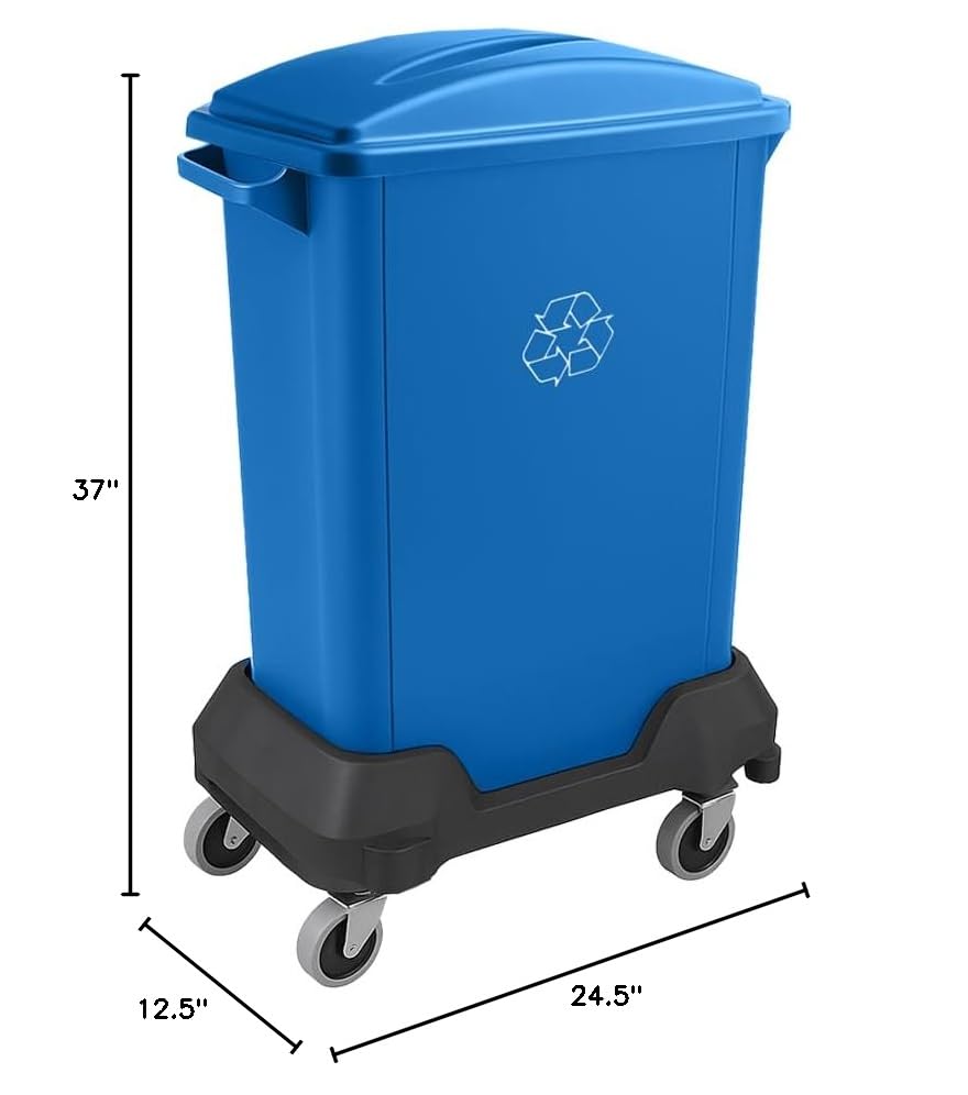 Image of 16 Gallon Slim Rectangular Garbage Can - with Paper Slot Lid + Wheels - Blue