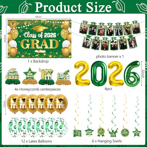 Image of Holkcog 2026 Graduation Decorations, Green Gold Class of 2026 Congrats Graduation Backdrop, Balloons, Honeycomb ornament for Graduation Party Decorations, Outdoor Indoor Grad Party Decor Supply