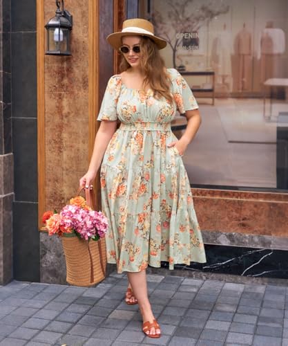 Image of RITERA Plus Size Dresses for Curvy Women Square Neck Short Sleeve Summer Floral Smocked Maxi Dress with Pocket XL-5XL