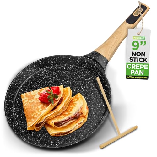 NutriChef 9.45” Non-Stick Crepe Pan with Wooden Spreader, Durable Marble Coated Dosa Pan, Bakelite Handle and Induction Bottom, PFOA/PFOS Free, Dishwasher Safe, Even Heat Distribution (Black Marble)