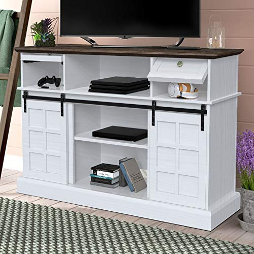 LGHM Entertainment Center, TV Stand for 65 inch TVs, 58\" Farmhouse Wood TV Stand with Sliding Barn Doors, Ideal Media Storage with Front Flip-Up & Slip Drawers for Living Room, Bedroom, White