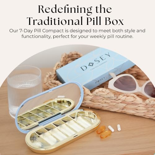 Image of Dosey 7 Day Pill Compact Travel Pill Organizer - Pill Case with 7 Pill Compartments for Medicine Storage & Protection - Stylish & Elegant Medication Organizer with Mirror (Blue)
