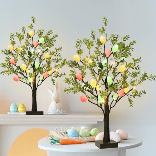 EAMBRITE Easter Decorations Easter Tree with Eggs, 2Ft Tabletop Tree with 24 LED Lights, Lighted Artificial Tree Battery/USB Operated Light up Easter Egg Tree for Spring Home Decor (2 Pack)