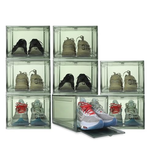 Image of House of Quirk Shoe Organizer, Shoe Storage Boxes, Large Shoe Boxes with Magnetic Door, Clear Stackable Plastic Shoe Containers (Pack of 4, Green)