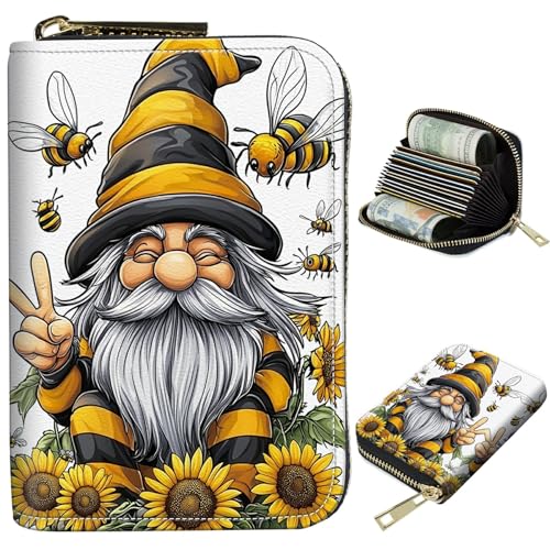 Image of Cute Credit Card Holder with Zipper, Bee Dwarf Sunflower RFID-Blocking Card Case Small Wallet for Women Men, Multi-slot Card Organizer Case Travel Accordion Wallet