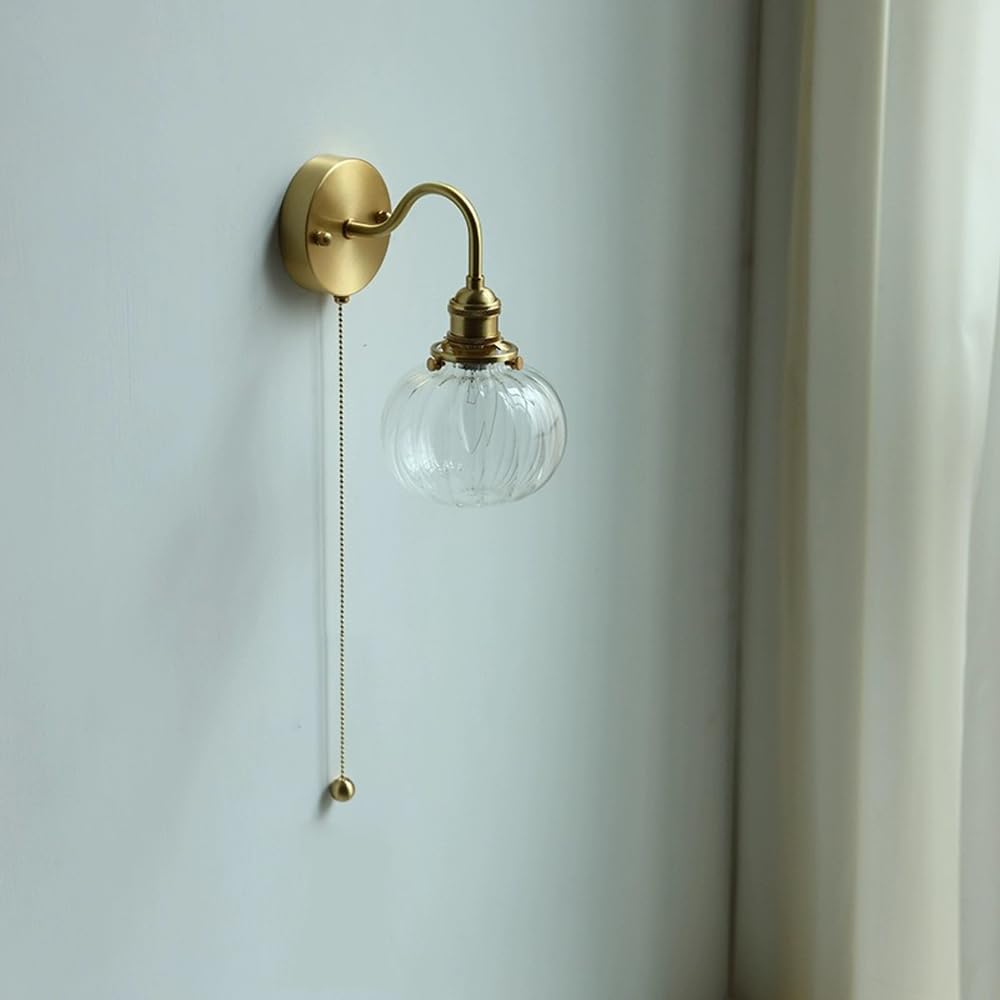 Applique Murale en Verre Style Citrouille Nordique, Finition Laiton Antique Moderne, avec Interrupteur à Tirette, luminaire décoratif d'intérieur rétro doré, culot E14, glob