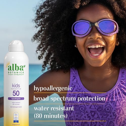 Image of Alba Botanica Kids Sunscreen Spray for Face and Body, Tropical Fruit, Broad Spectrum SPF 50, Water Resistant, 5 fl. oz. Bottle