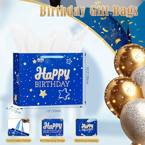 Image of 13 inch Blue Happy Birthday Gift Bag with Tissue Paper and Greeting Card | Happy Birthday Gift Bag for Men Women,Gift Bags Medium size(1 PCS Blue Hot Stamping)