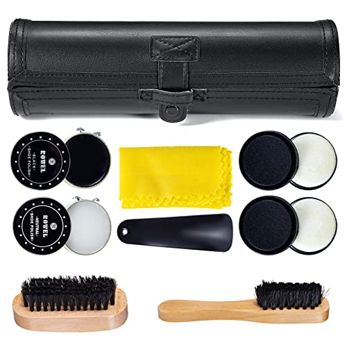 YUET Kit De Cirage Chaussure Noir Nettoyage De Chaussures Pour Cuir Marron Et Avec Brosse De Polissage, Étui De Voyage En Crin De Cheval, Applicateur En Bois, Chausse-Pied, Chiffon, 9 Pièces Cover