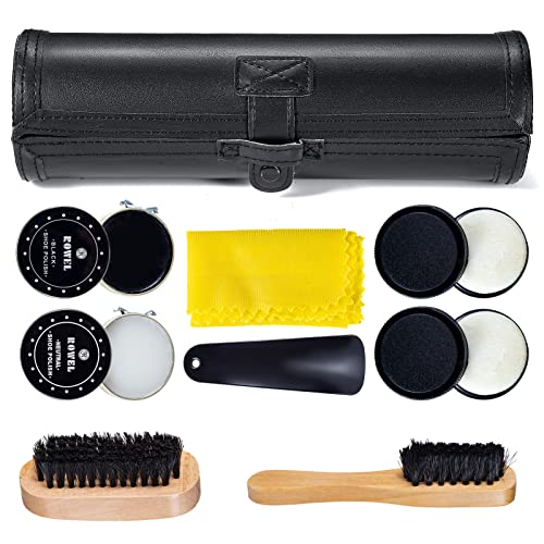 YUET Schoenpoets Kit Reiniging Shine Care Barrel Set Voor Bruin Zwart Leer Met Borstel Travel Case Luxe Premium Zachte Paardenhaar Varkenshaar Dauber, Houten Applicator, Schoenlepel, Doek 9 Stuk Zwart Pouch, Zwart, Eén maat