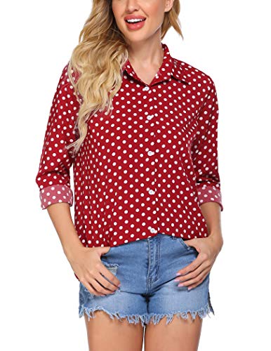 Zeagoo Polka Dots Blouse for Women Slim Fit Dress Shirt Business Casual Long Sleeve Shirts V Neck Chiffon Tops, Red, Large