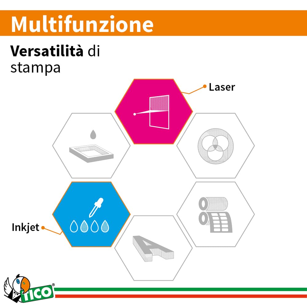 Tico Italia LP4FA-25 Etichette adesive arancioni fluo, 70 fogli A4, rotonde diam 25mm, 70 etichette per foglio, adesivo permanente, stampanti laser e inkjet