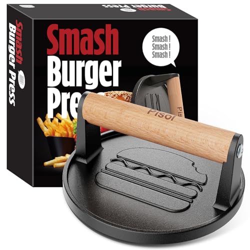 Pisol Smash Burger Press, Pre-Seasoned Cast Iron Hamburger Smasher, 2 lb Heavy-Duty Grill Bacon Meat...