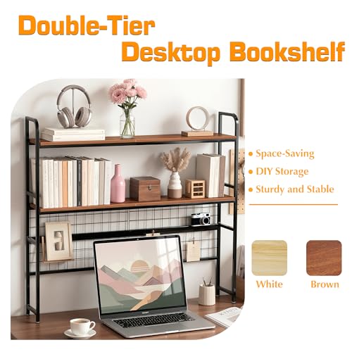 VECELO 2-Tier Desktop Bookshelf, Retro Brown Metal Desk Hutch with Grid Panel, 45.3 Inch Wide Countertop Storage Organizer for Bedroom & Dorm by VECELO - Used condition - Image 7