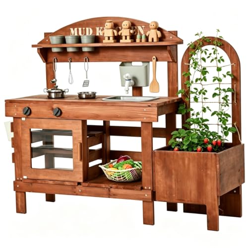 Mud Kitchen for Kids Outdoor 47in Wooden Play Kitchen with Planter Box