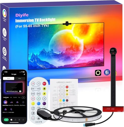 Diyife TV LED Lights, 5m TV Backlights with AR Sensor Sync to 65-75 inch TVs Screen & Music, Multiple Colors Changing RGB LED Strip Lights for TV Work with Remote, Bluetooth, Smart App Control