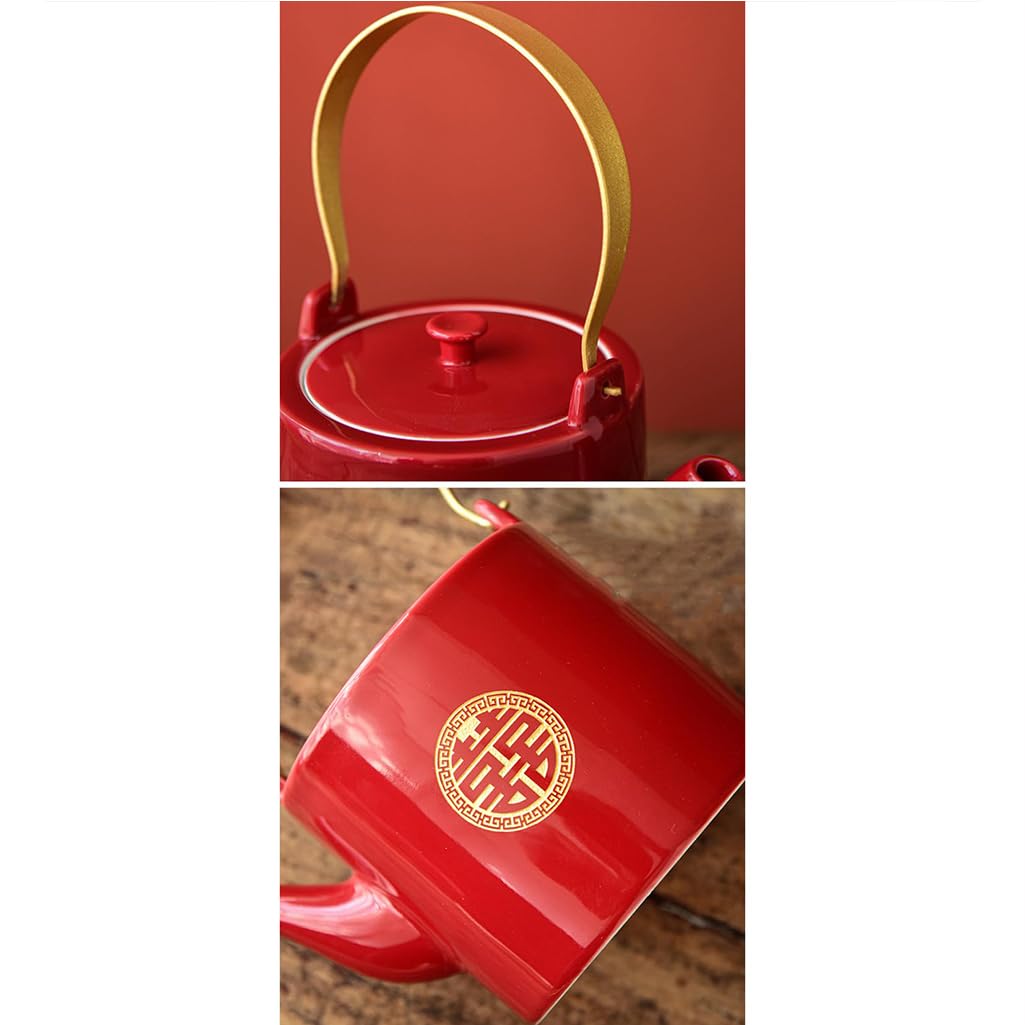 GVILTY Juego de té de porcelana roja china, juego de té chino Kung Fu, tetera doble felicidad, suministros de decoración de boda tradicional china, servicio de té de cerámica rojo 1-6 tazas