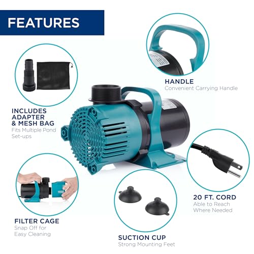 Image of Alpine Corporation 4700 GPH Vortex Submersible Water Pump with 20 Ft Cord for Ponds, Fountains and Water Circulations, Quiet Operation Vertical /Horizontal, 18.5 Ft Lift 216 Watts, Black /Teal
