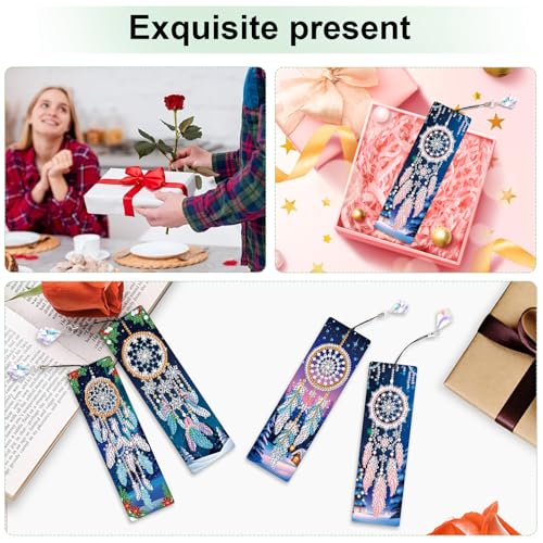 Image of 4 Pieces 5D Diamond Painting Bookmarks for Adults, Dreamcatcher Rhinestone Bookmarks with Tassels, DIY Handmade Diamond Art Bookmark Craft Kit, Unique Book Marks Set for Book Lovers