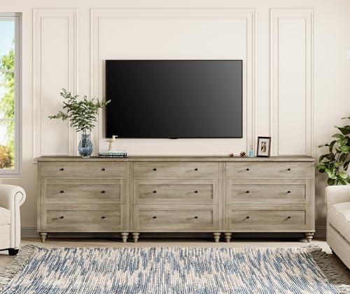 Image of WAMPAT Dresser for Bedroom with 9 Drawers, Kids Dressers with Wide Chest of Drawers, Modern Wooden Closet Storage Organizer, Large Wood Dressers for Living Room, Nursery, Hallway, Rustic Oak