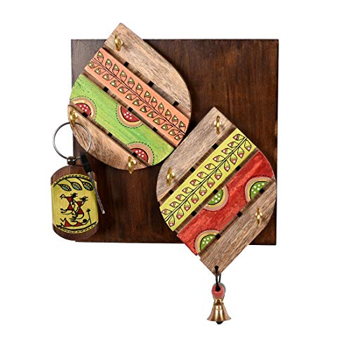 Image of AAKRITI ART CREATIONS Key Holder, Handcrafted Madhubani Design Key Hanger | Rustic Wood Wall Organizer with 4 Hooks | New Home Gifts | Multifunctional Entryway Decor Item