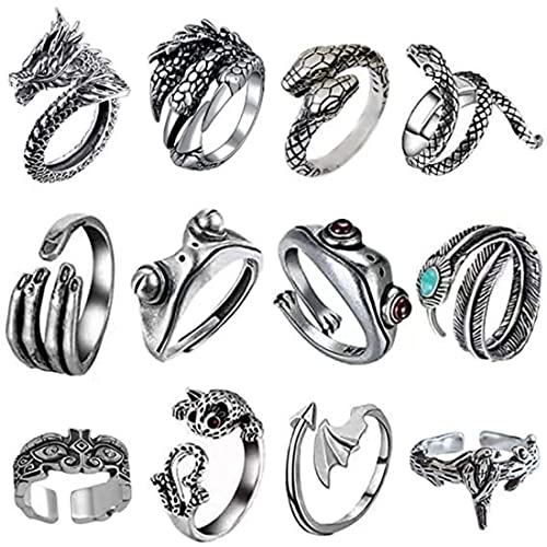 🐉 MATERIALE DUREVOLE 🐉 Il set di anelli per le dita è realizzato in lega di alta qualità, ipoallergenico, non facile da arrugginire o ossidare e non renderà le dita verdi. Gioielli d'argento antichi realizzati in artigianato in stile vintage. Rigido ma facilmente regolabile, si adatta alla maggior parte degli uomini e delle donne. Puoi facilmente regolare l'anello punk per adattarlo al tuo dito.