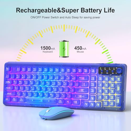 Image of Light Up Keyboard and Mouse Wireless,Cute 2.4Ghz Cordless Rechargeable Transparent Backlit Keyboard,15 Backlight Effects,Volume Knob,RGB Mouse with 3 DPI for Mac Computer PC Laptop Desktop iPad-Blue