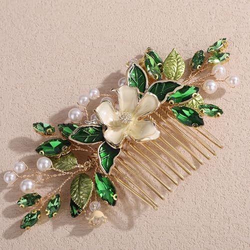 Peine de cabello con hojas y perlas verdes miniatura 6